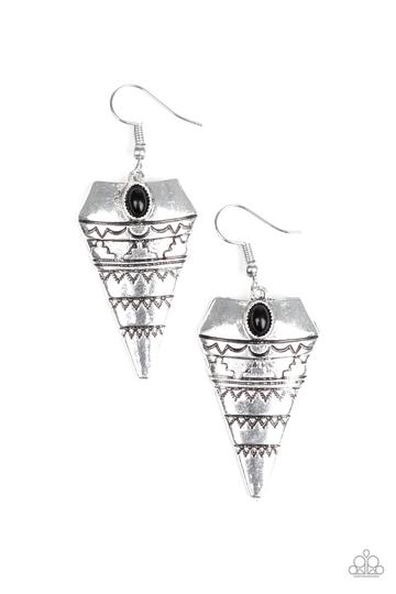 Paparazzi Jurassic Journey - Black Bead - Silver Embossed Triangular Earrings
