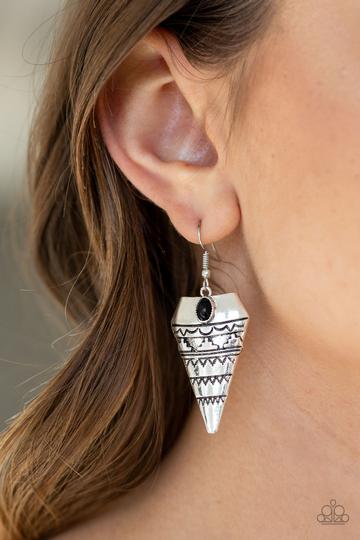 Paparazzi Jurassic Journey - Black Bead - Silver Embossed Triangular Earrings